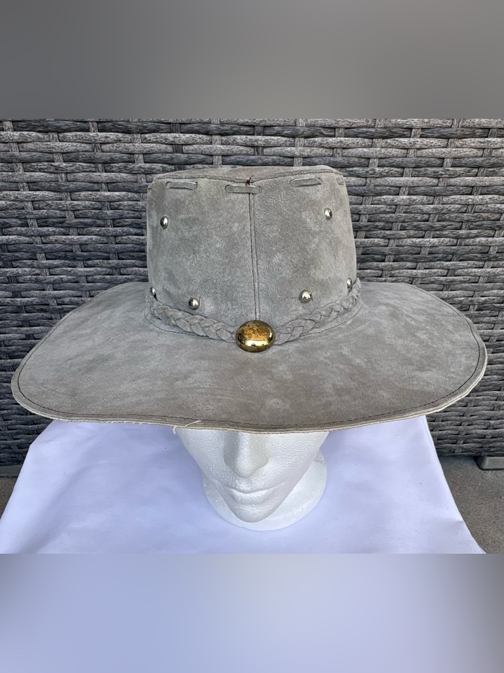 VTG Custom Handmade Outback Cowboy Hat Gray Suede Leather Gold Concho Size Small